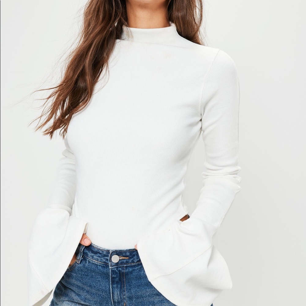 White Ribbed Flared Sleeve Bodysuit